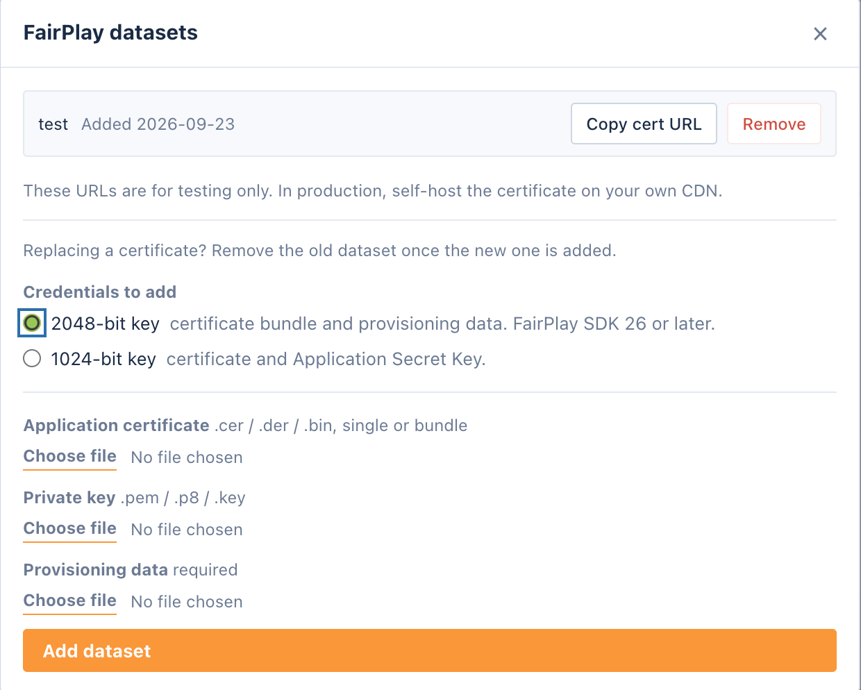 FairPlay datasets window with the 2048-bit key option